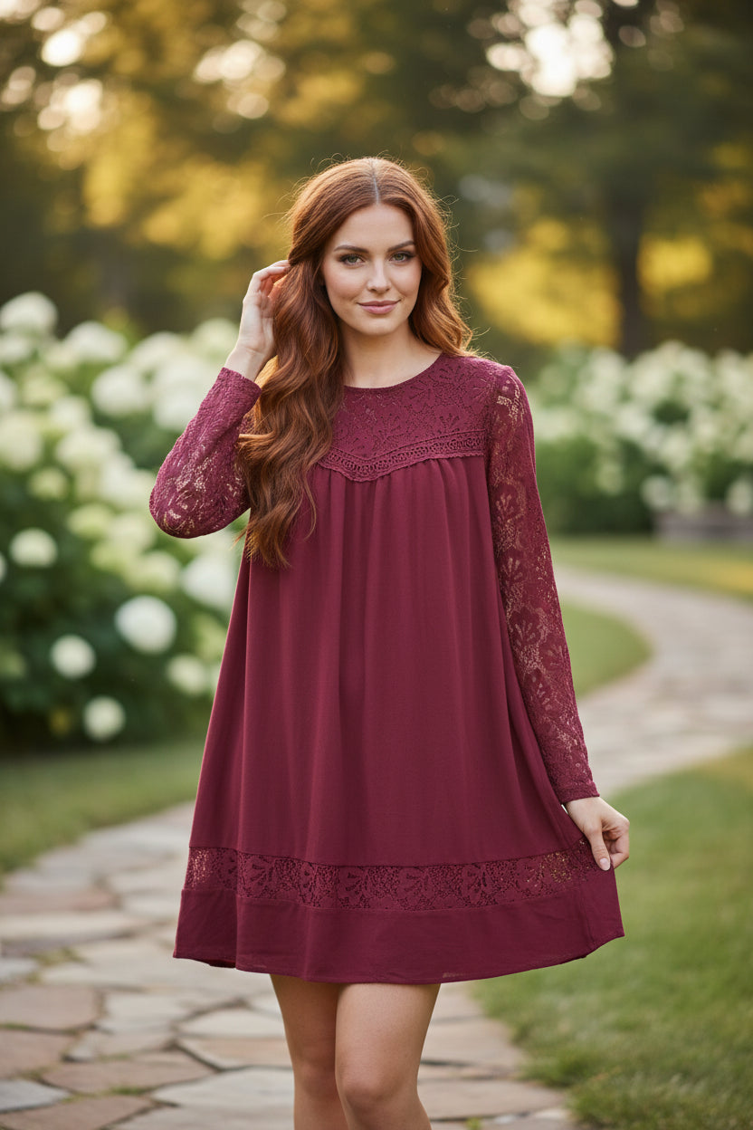 "Brave Soul" Long Sleeve Lace Inlay Short Dress